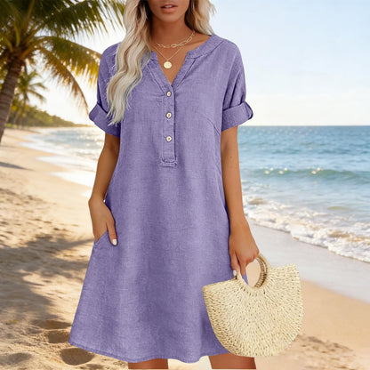 👗Last Day Special Price ￡13.99!!✨Women's Casual V-Neck Cotton Linen Dress with Pockets