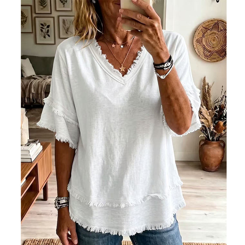 💖LAST DAY SALE ONLY￡11.99!!💖Women's Boho V-Neck T-Shirt with Frayed Edges 🌿 – Loose Fit, Breathable Summer Top in Soft Cotton👚