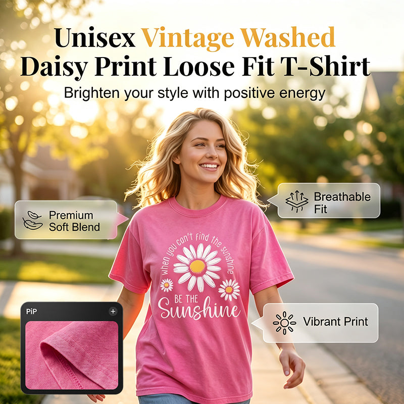🏆 Last Day Special Price £13.99 ! 🔥Unisex Vintage Washed Daisy Print Loose Fit T-Shirt